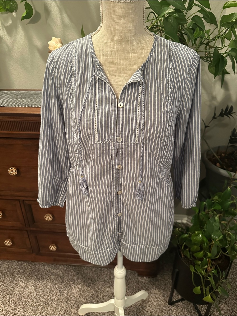 J. Jill Blue and White Stripe Button-Front Top